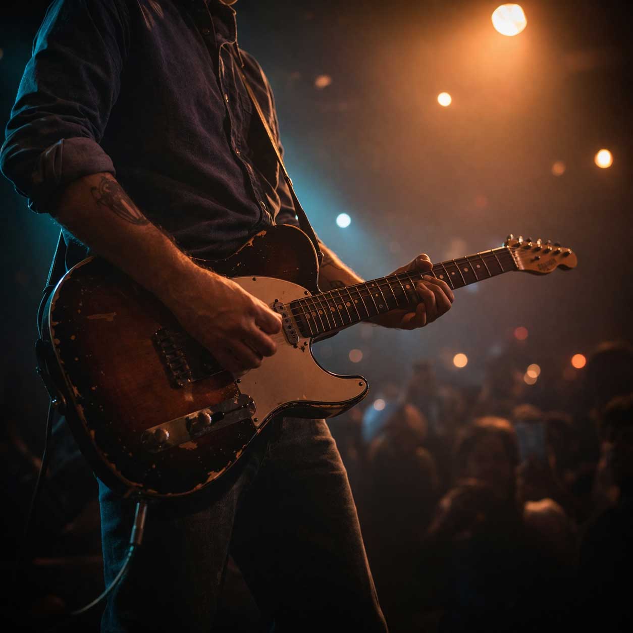 Working electric guitarist mid-performance on a small club stage