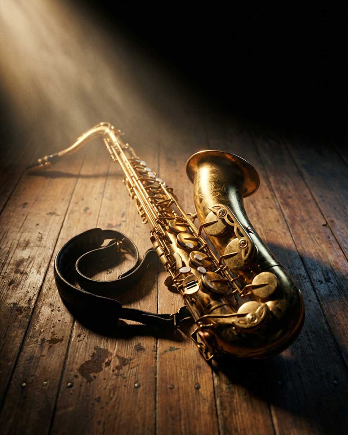 Tenor saxophone resting on an empty stage floor under a single spotlight