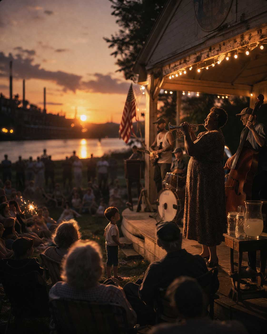 Mon Valley community concert at a riverside bandshell at golden hour